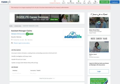 
                            10. Assistant Manager Claims Job, Karachi, Adamjee Life ...