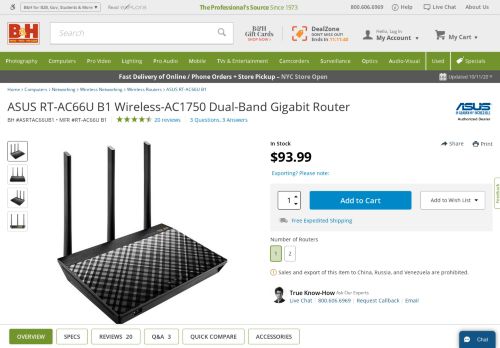 
                            13. ASUS RT-AC66U B1 Wireless-AC1750 Dual-Band Gigabit Router - B&H