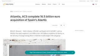 
                            12. Atlantia, ACS complete 16.5 billion euro acquisition of Spain's Abertis ...