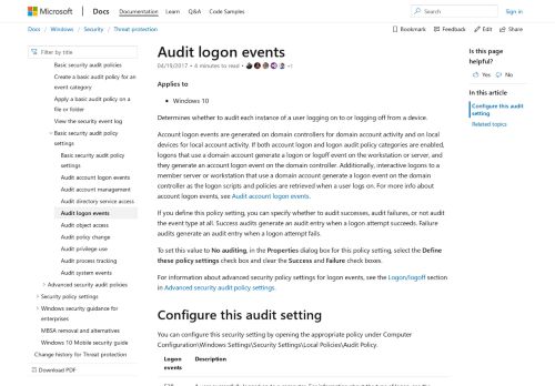 
                            2. Audit logon events (Windows 10) | Microsoft Docs