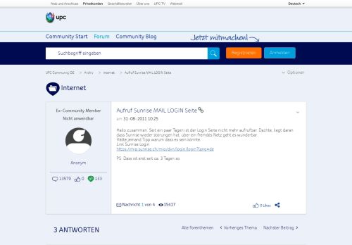 
                            6. Aufruf Sunrise MAIL LOGIN Seite - UPC Community