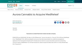 
                            7. Aurora Cannabis to Acquire MedReleaf - PR Newswire