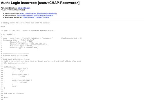 
                            2. Auth: Login incorrect: [user/<CHAP-Password>] - lists.freeradius ...