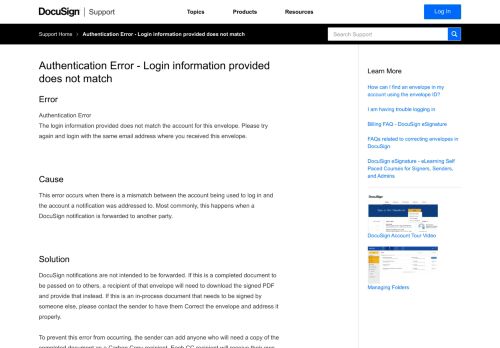 
                            12. Authentication Error - Login information provided does not match ...