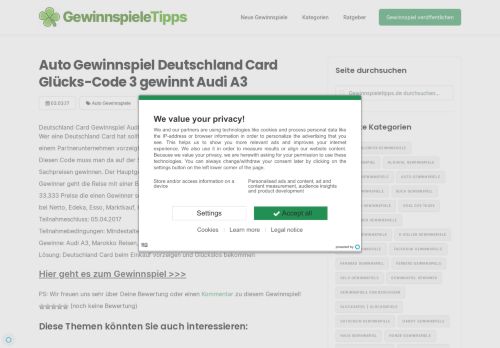 
                            9. Auto Gewinnspiel Deutschland Card Glücks-Code 3 gewinnt Audi A3