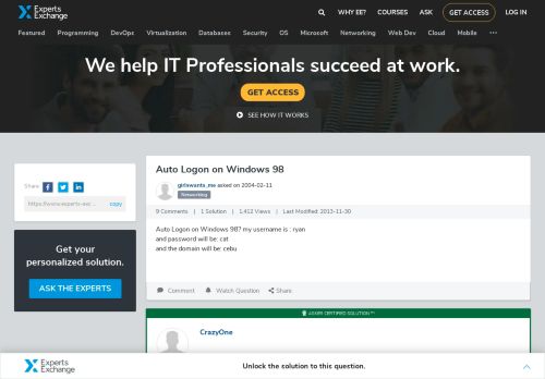 
                            5. Auto Logon on Windows 98 - Experts Exchange
