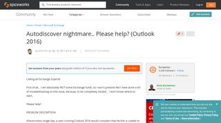 
                            6. Autodiscover nightmare.. Please help? (Outlook 2016) - Spiceworks ...
