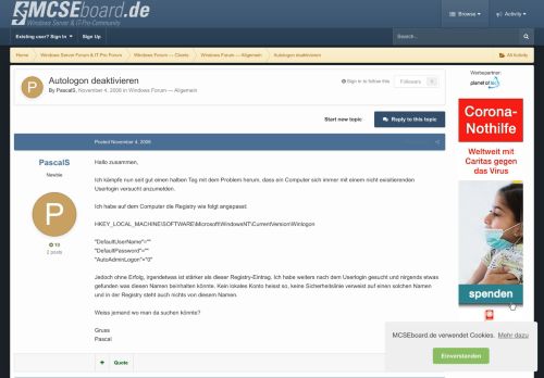 
                            5. Autologon deaktivieren - Windows Forum — Allgemein - MCSEboard.de