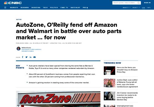 
                            9. AutoZone, O'Reilly fend off Amazon, Walmart in auto parts market fight