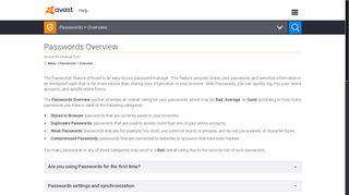 
                            7. Avast Help | Avast Antivirus 2016: Passwords Overview
