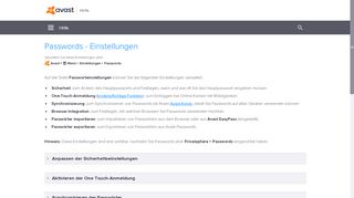 
                            2. Avast Help | Avast Antivirus: Passwords-Einstellungen - Support