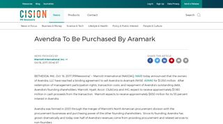 
                            8. Avendra To Be Purchased By Aramark - PR Newswire