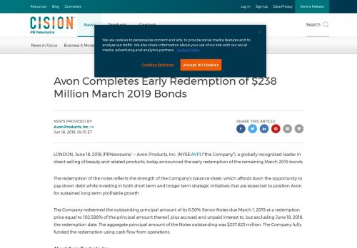 
                            13. Avon Completes Early Redemption of $238 Million ... - PR Newswire