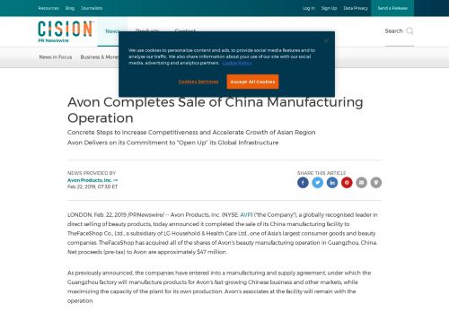 
                            11. Avon Completes Sale of China Manufacturing Operation - PR Newswire