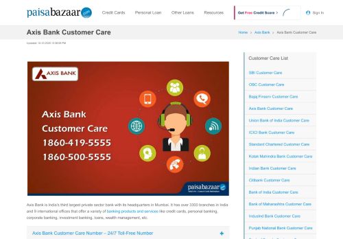 
                            10. Axis Bank Customer Care, 24x7 Toll-Free Number - Paisabazaar.com