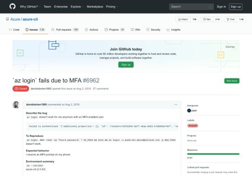 
                            9. `az login` fails due to MFA · Issue #6962 · Azure/azure-cli · GitHub