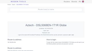 
                            12. Aztech DSL5068EN-1T1R Globe Default Router Login and Password