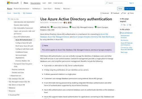 
                            4. Azure Active Directory auth - Azure SQL | Microsoft Docs