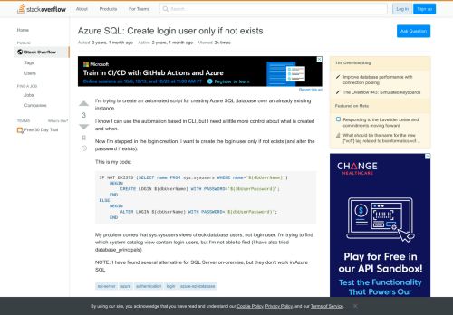 
                            9. Azure SQL: Create login user only if not exists - Stack Overflow
