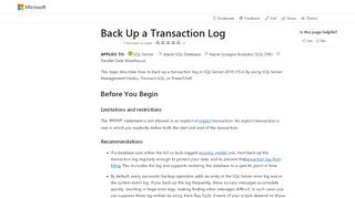 
                            11. Back Up a Transaction Log (SQL Server) - SQL Server | Microsoft Docs
