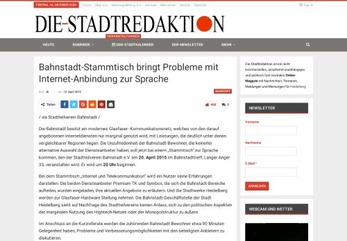 
                            12. Bahnstadt-Stammtisch bringt Probleme mit Internet-Anbindung zur ...
