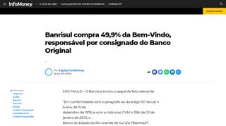 
                            11. Banrisul compra 49,9% da Bem-Vindo, responsável por consignado ...