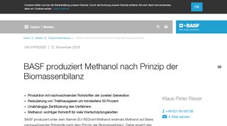 
                            8. BASF produziert Methanol nach Prinzip der Biomassenbilanz