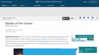 
                            2. Battle of the Sexes | History, Participants, & Facts | Britannica.com