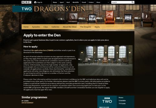 
                            11. BBC Two - Dragons' Den - Apply to enter the Den