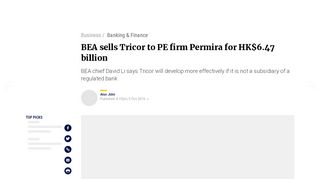 
                            8. BEA sells Tricor to PE firm Permira for HK$6.47 billion | South China ...