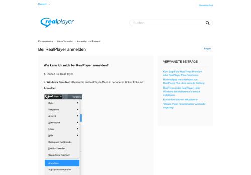 
                            2. Bei RealPlayer anmelden – Kundenservice