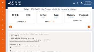 
                            9. Belkin F7D7601 NetCam - Multiple Vulnerabilities - Exploit Database