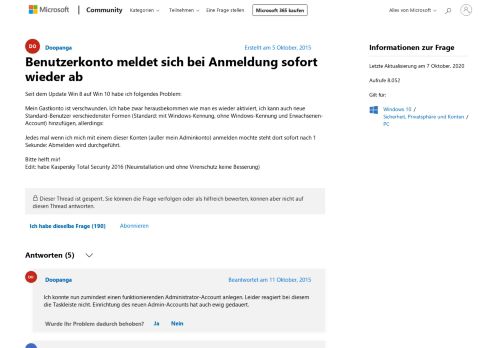 
                            8. Benutzerkonto meldet sich bei Anmeldung sofort wieder ab ...