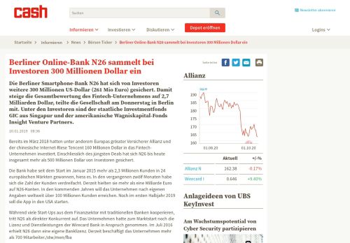 
                            13. Berliner Online-Bank N26 sammelt bei Investoren 300 ... - Cash