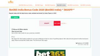
                            6. Bet365 India Bonus code 2019 (Bet365 India): ** 365APP **