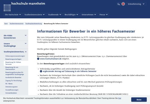 
                            10. Bewerbung für höhere Semester - Hochschule Mannheim