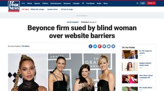 
                            12. Beyonce firm sued by blind woman over website barriers | Fox News