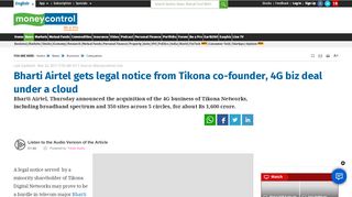 
                            9. Bharti Airtel gets legal notice from Tikona co-founder, 4G biz deal ...