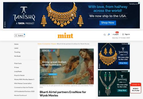 
                            9. Bharti Airtel partners ErosNow for Wynk Movies - Livemint