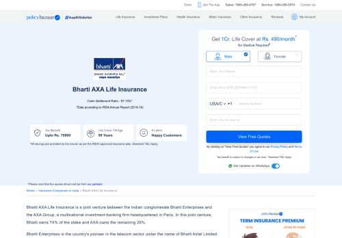 
                            8. Bharti AXA Life Insurance - Compare Plans & Buy Online - PolicyBazaar
