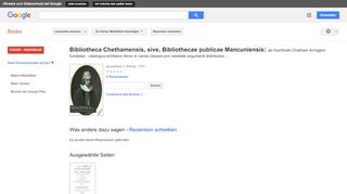 
                            12. Bibliotheca Chethamensis, sive, Bibliothecae publicae ... - Google Books-Ergebnisseite