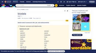 
                            7. BIODATA | meaning in the Cambridge English Dictionary