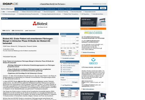 
                            2. Biotest AG: Erster Patient mit erworbenem Fibrinogen-Mangel in ...