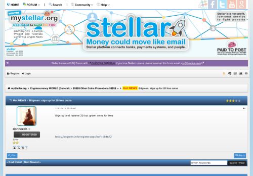 
                            4. Bitgreen: sign up for 20 free coins - myStellar.org