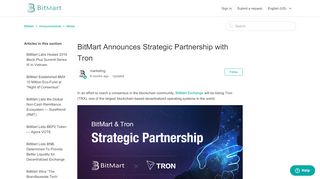 
                            12. BitMart Announces Strategic Partnership with Tron – BitMart