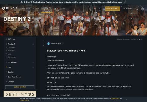 
                            11. Blackscreen - login issue - Ps4 > Destiny 2 | Forums | Bungie.net