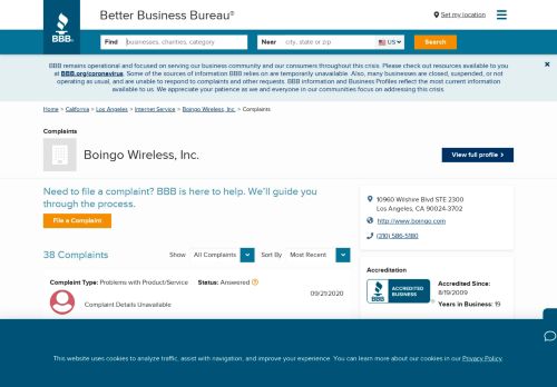 
                            6. Boingo Wireless, Inc. | Complaints | Better Business Bureau® Profile