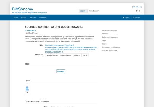 
                            10. Bounded confidence and Social networks | BibSonomy