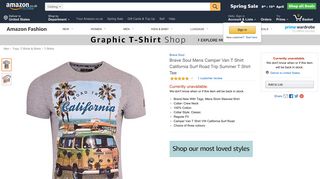 
                            5. Brave Soul Mens Camper Van T Shirt VW California Surf ... - Amazon UK