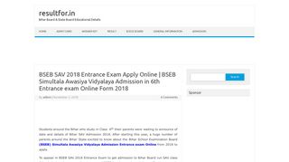
                            8. BSEB SAV 2018 Entrance Exam Apply Online | - Resultfor.in